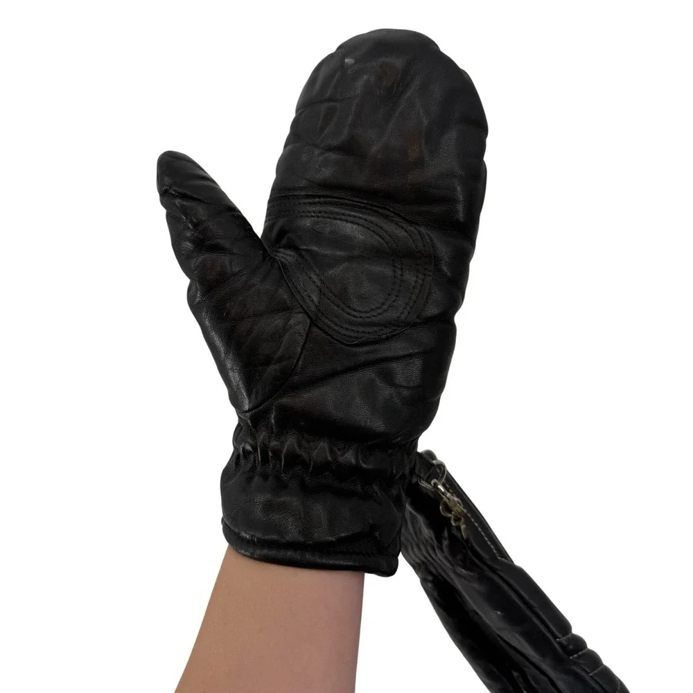 Vintage Grandoe Leather‎ Mittens Lined Black Gloves Winter Ladies Large